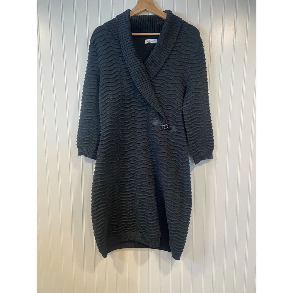 CALVIN KLEIN Sweater Dress SZ LG Shawl Collared Faux Wrap Gray Acrylic/Poly